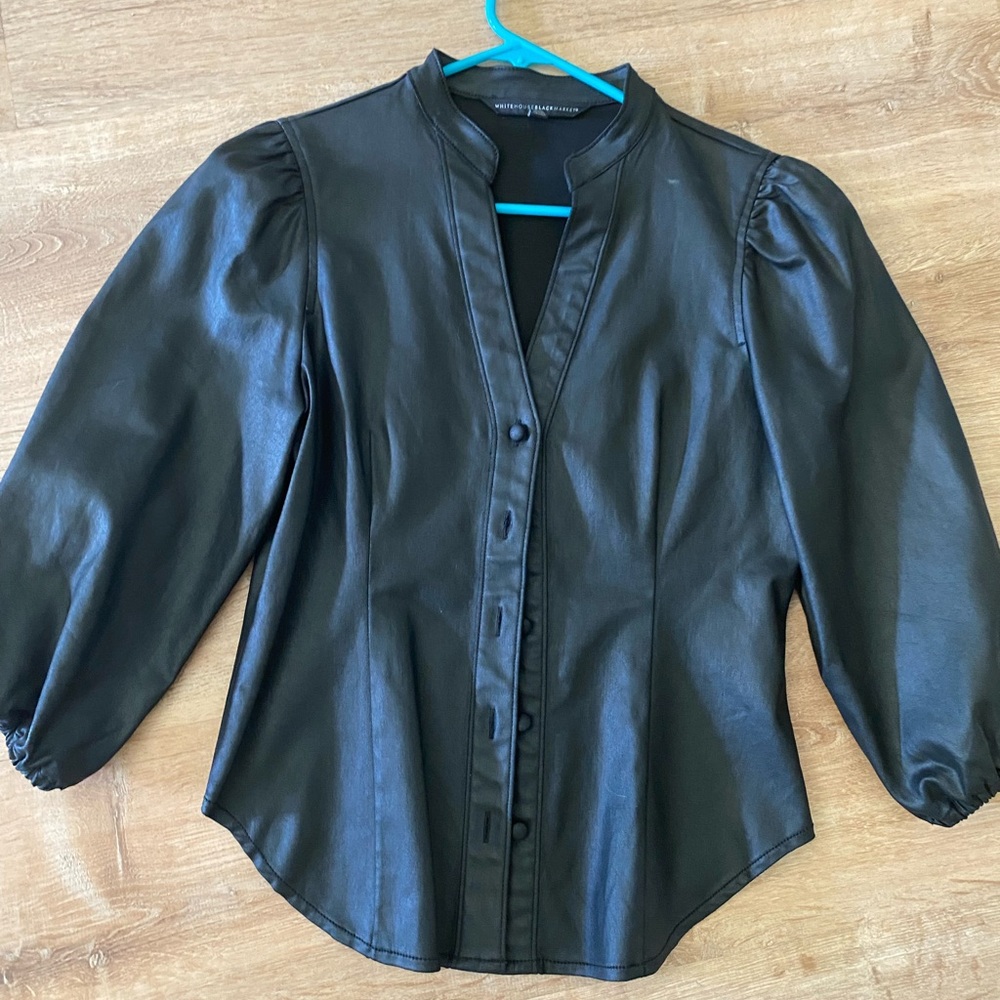 Black Faux Leather Button-Up Blouse